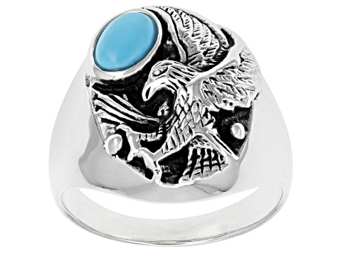 Blue Sleeping Beauty Turquoise Rhodium over Silver Mens Eagle Ring