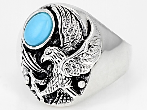 Blue Sleeping Beauty Turquoise Rhodium over Silver Mens Eagle Ring