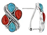 Blue Turquoise and Red Sponge Coral Rhodium Over Silver Earrings