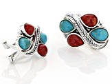Blue Turquoise and Red Sponge Coral Rhodium Over Silver Earrings