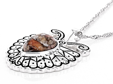 Orange Spiny Oyster Shell Rhodium Over Silver Pendant With Chain