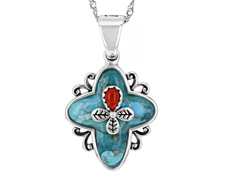 Turquoise & Sponge Coral Rhodium Over Silver Cross Enhancer with Chain