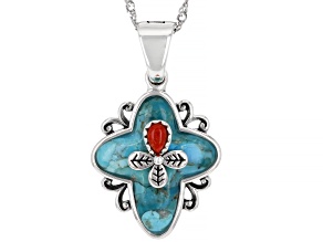 Turquoise & Sponge Coral Rhodium Over Silver Cross Enhancer with Chain