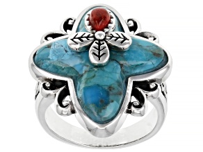 Turquoise & Sponge Coral Rhodium Over Silver Ring