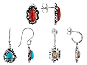 Turquoise, Shell & Coral Rhodium Over Silver Set of 3 Earrings
