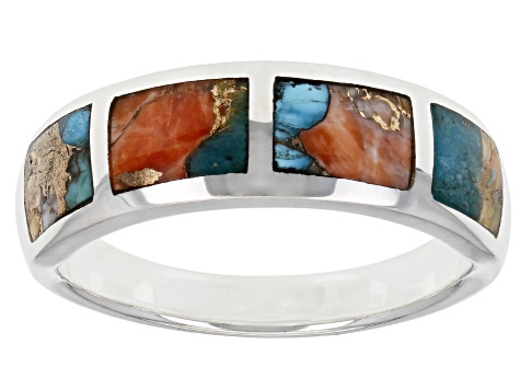 Blue Turquoise & Spiny Oyster Shell Rhodium Over Silver Band Ring