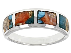 Blue Turquoise & Spiny Oyster Shell Rhodium Over Silver Band Ring