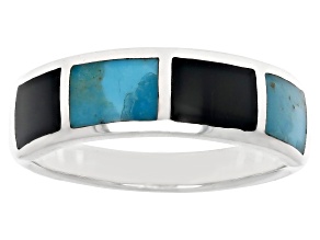 Blue Turquoise & Black Onyx Rhodium Over Silver Mens Inlay Band Ring