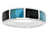 Blue Turquoise & Black Onyx Rhodium Over Silver Mens Inlay Band Ring