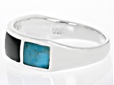 Blue Turquoise & Black Onyx Rhodium Over Silver Mens Inlay Band Ring