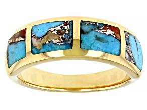 Blue Turquoise & Spiny Oyster Shell 18k Yellow Gold Over Silver Band Ring