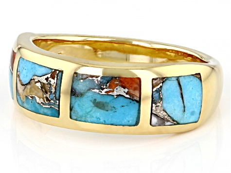 Blue Turquoise & Spiny Oyster Shell 18k Yellow Gold Over Silver Band Ring