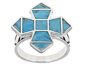 Blue Turquoise Rhodium Over Silver Cross Ring