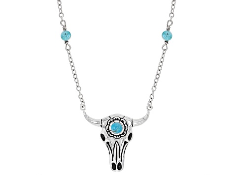 Blue Turquoise Rhodium Over Silver Bull Head Station Necklace
