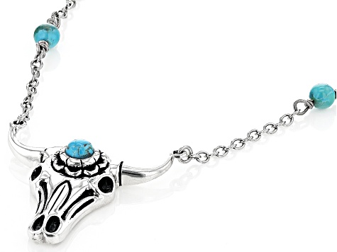 Blue Turquoise Rhodium Over Silver Bull Head Station Necklace