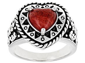 Red Coral Rhodium Over Silver Heart Shape Ring