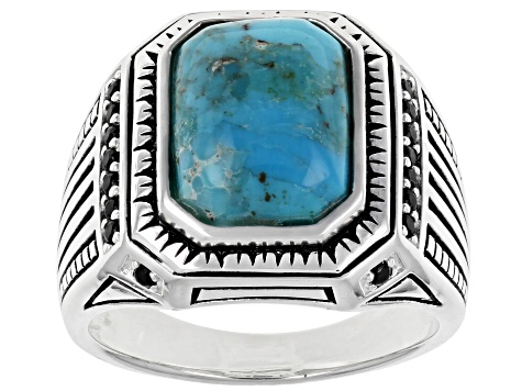 Mens Blue Turquoise & Black Spinel Rhodium Over Silver Ring 0.37ctw