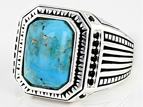 Mens Blue Turquoise & Black Spinel Rhodium Over Silver Ring 0.37ctw