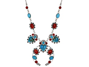 Blue Turquoise & Coral Rhodium Over Silver Necklace