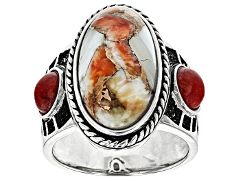 Picture of Orange Spiny Oyster Shell & Coral Rhodium Over Silver Ring