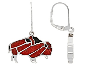 Red Coral Inlay Rhodium Over Silver Bull Earrings