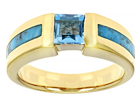 Blue Turquoise & Swiss Blue Topaz 18k Yellow Gold Over Silver Ring .70ct