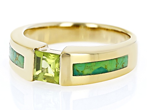 Green Turquoise & .59ct Peridot 18k Yellow Gold Over Silver Ring
