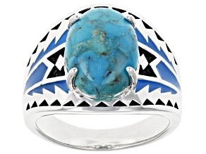 Blue Turquoise & Blue Enamel Rhodium Over Silver Ring