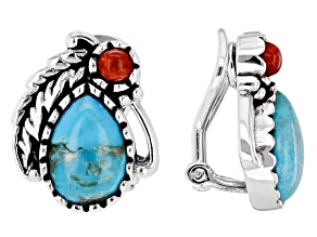 Blue Turquoise & Coral Rhodium Over Silver Clip-On Earrings