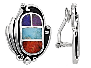 Blue & Purple Turquoise, Lapis & Coral Rhodium Over Silver Clip-On Earrings
