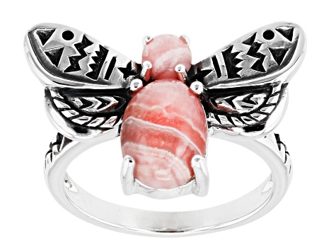 Pink Rhodochrosite Rhodium Over Silver Bee Ring