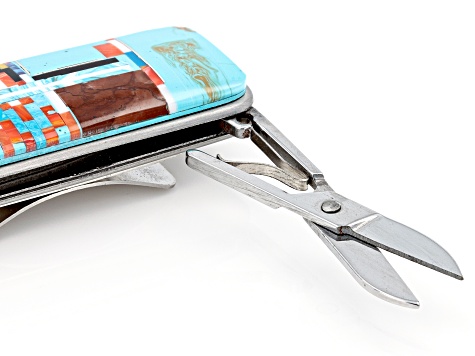 Blue Turquoise Simulant & Multi-Gem Simulant Silver Tone Money Clip With Tools