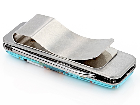 Blue Turquoise Simulant & Multi-Gem Simulant Silver Tone Money Clip With Tools