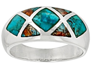 Blue Turquoise & Spiny Oyster Rhodium Over Silver Mens Band Ring