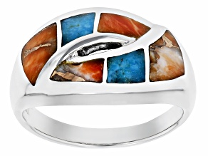 Orange Spiny Oyster Shell & Turquoise Rhodium Over Silver Bypass Ring