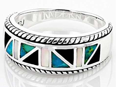 Blue Turquoise, Mother-of-Pearl & Black Onyx Rhodium Over Silver Men's Band Ring
