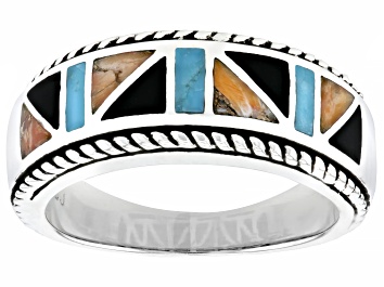 Picture of Blue Turquoise, Spiny Oyster Shell & Black Onyx Rhodium Over Silver Band Ring