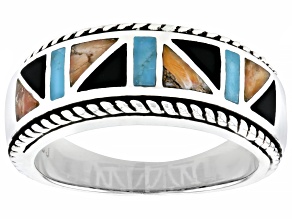 Blue Turquoise, Spiny Oyster Shell & Black Onyx Rhodium Over Silver Band Ring