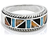 Blue Turquoise, Spiny Oyster Shell & Black Onyx Rhodium Over Silver Band Ring