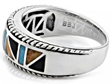 Blue Turquoise, Spiny Oyster Shell & Black Onyx Rhodium Over Silver Band Ring