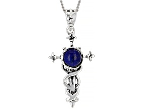 Blue Lapis Lazuli Rhodium Over Silver Cross Pendant with Chain