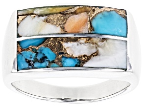 Blended Turquoise & Spiny Oyster Shell Rhodium Over Silver Mens Ring