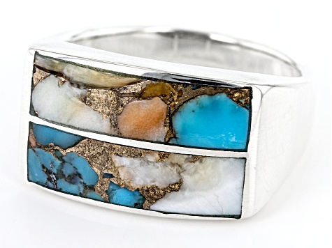 Blended Turquoise & Spiny Oyster Shell Rhodium Over Silver Mens Ring