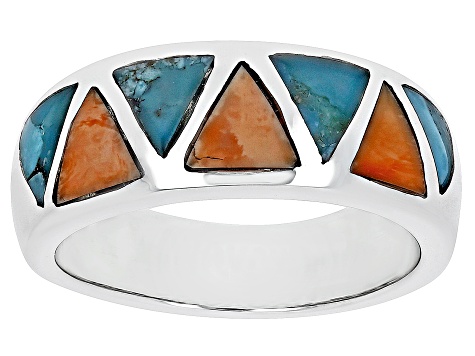 Blue Turquoise & Shell Rhodium Over Silver Geometric Band Ring