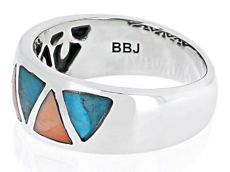 Blue Turquoise & Shell Rhodium Over Silver Geometric Band Ring