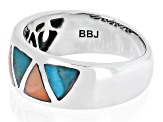 Blue Turquoise & Shell Rhodium Over Silver Geometric Band Ring