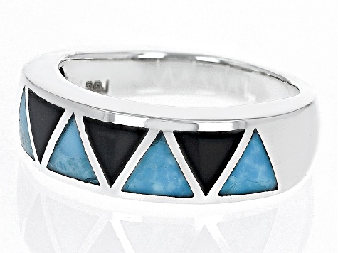 Blue Turquoise & Onyx Rhodium Over Silver Geometric Band Ring