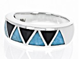 Blue Turquoise & Onyx Rhodium Over Silver Geometric Band Ring