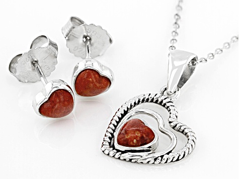 Red Coral Rhodium Over Silver Pendant & Earring Boxed Set