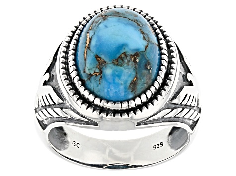 Blue Turquoise Rhodium Over Sterling Silver Men's Ring